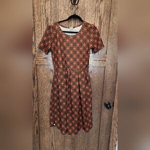 LuLaRoe Amelia Dress in Orange and Brown Geometric Print